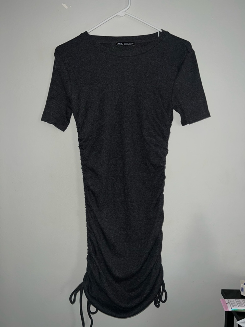 Zara dark gray  Ruched Side Tie Short Sleeve Dress
